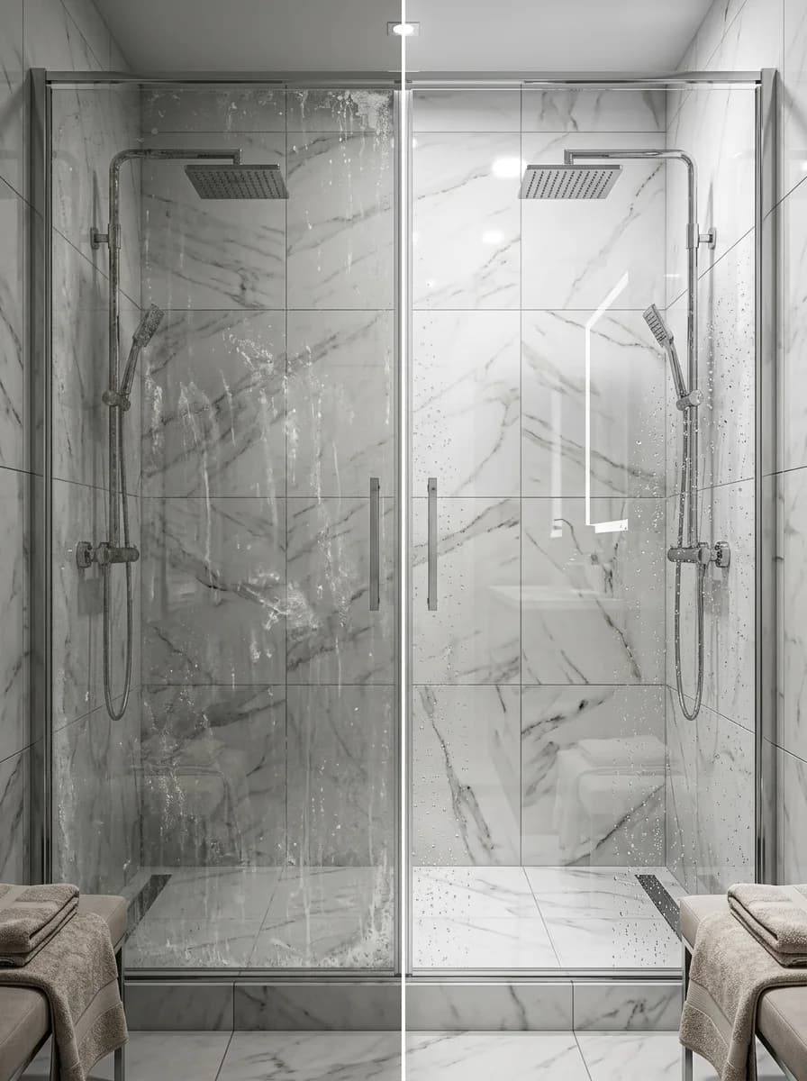Badkamer coating voor en na, links douchecabine glas vol kalkaanslag en zeepresidu, rechts kristalhelder glas na nano coating behandeling door PureLayer