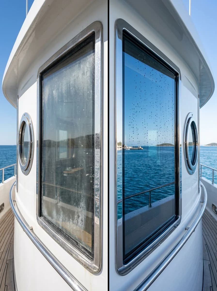 Jacht coating voor en na, links patrijspoort glas met zoutneerslag en waas, rechts kristalhelder glas met hydrofobe nano coating en waterpareleffect