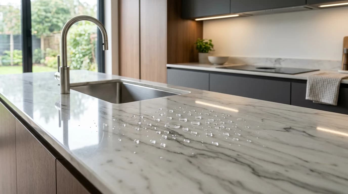 Marmeren aanrechtblad met nano coating, waterdruppels parels af op behandeld oppervlak