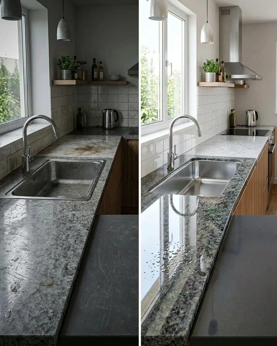 Keuken coating voor en na, links aanrechtblad met krassen en vlekken, rechts behandeld aanrechtblad met keramische nano coating, glanzend en vlekkenloos