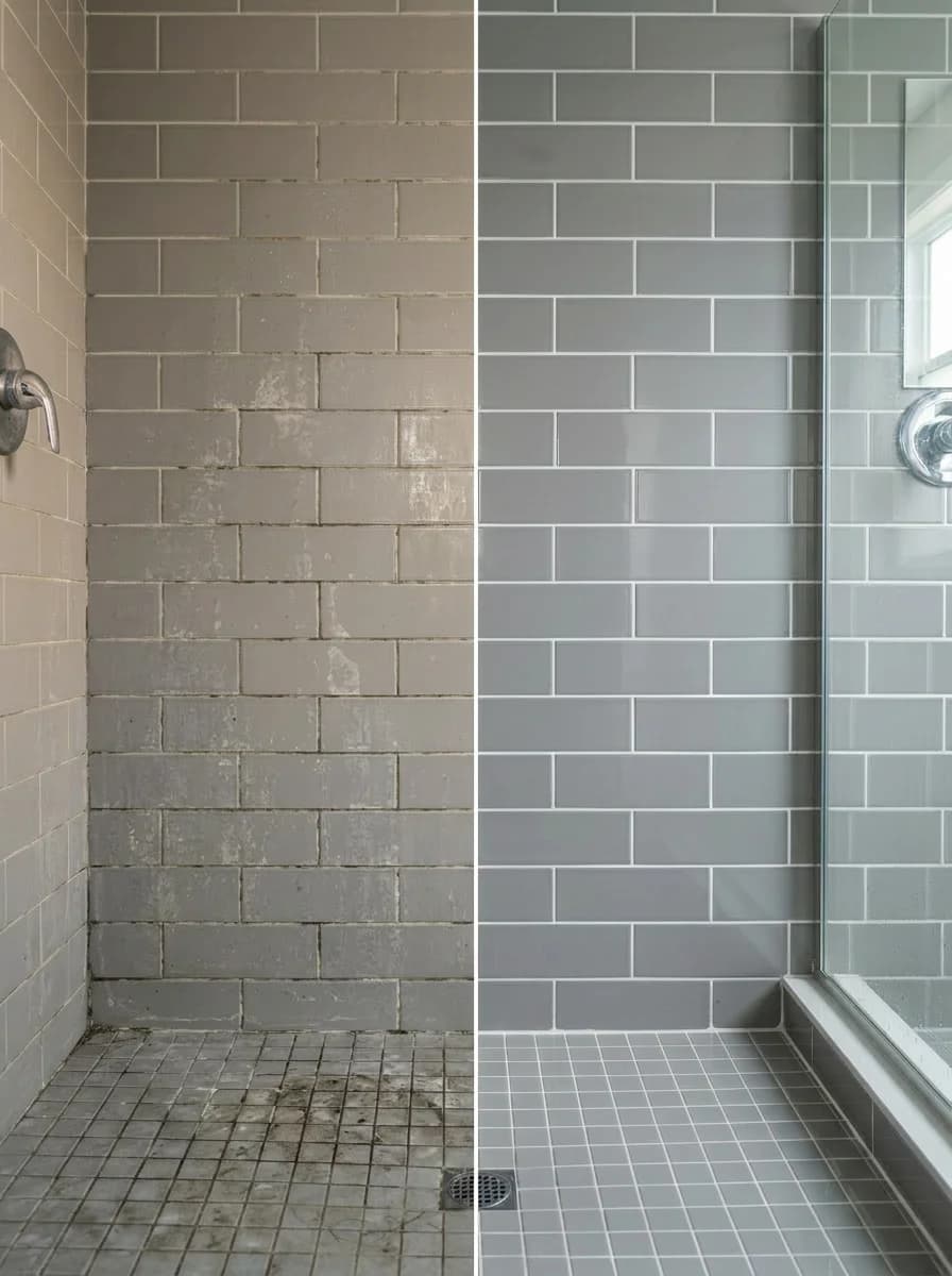 Tegel coating Almere, voor en na. Links: badkamertegels met kalkaanslag en vervuilde voegen. Rechts: stralend schone tegels na nano coating door PureLayer.