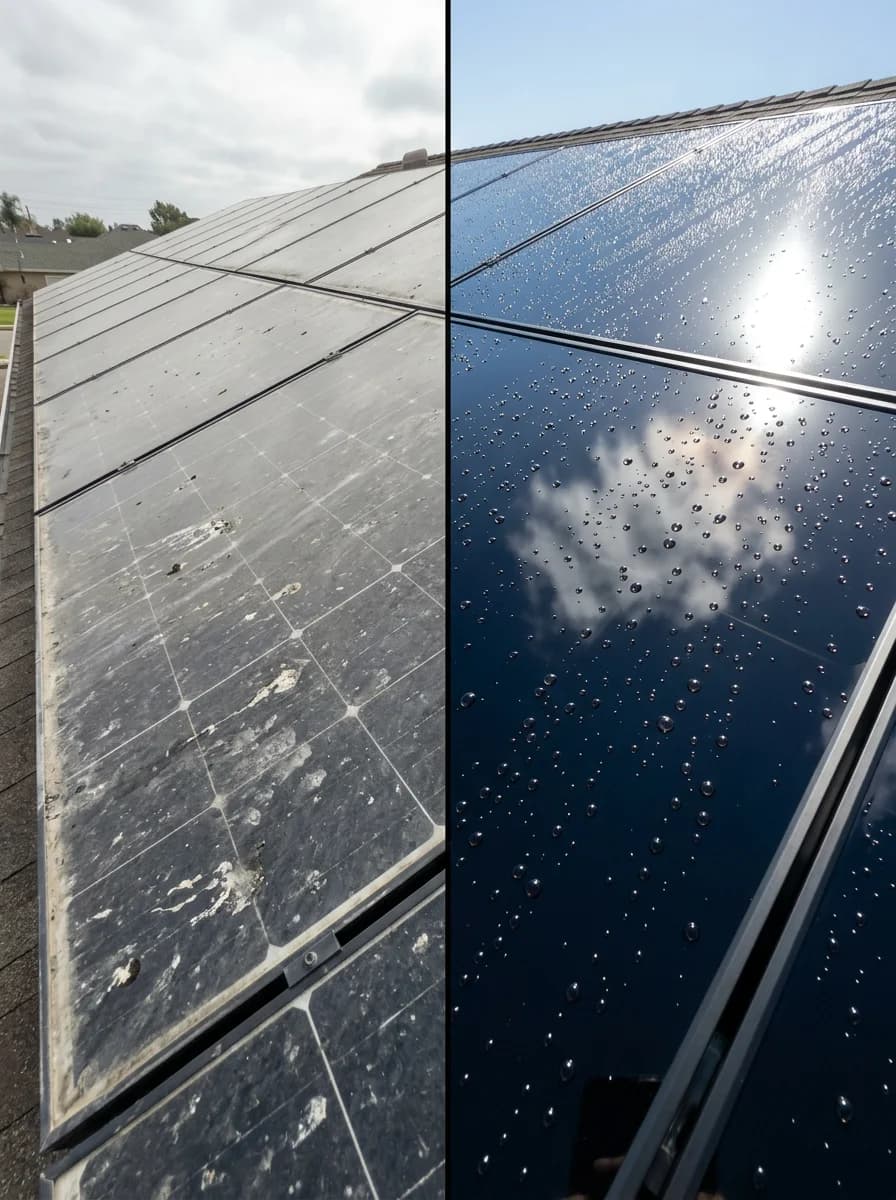 Zonnepaneel coating voor en na, links vervuilde panelen met vogelpoep en kalkaanslag, rechts behandelde panelen met hydrofobe nano coating en waterpareleffect